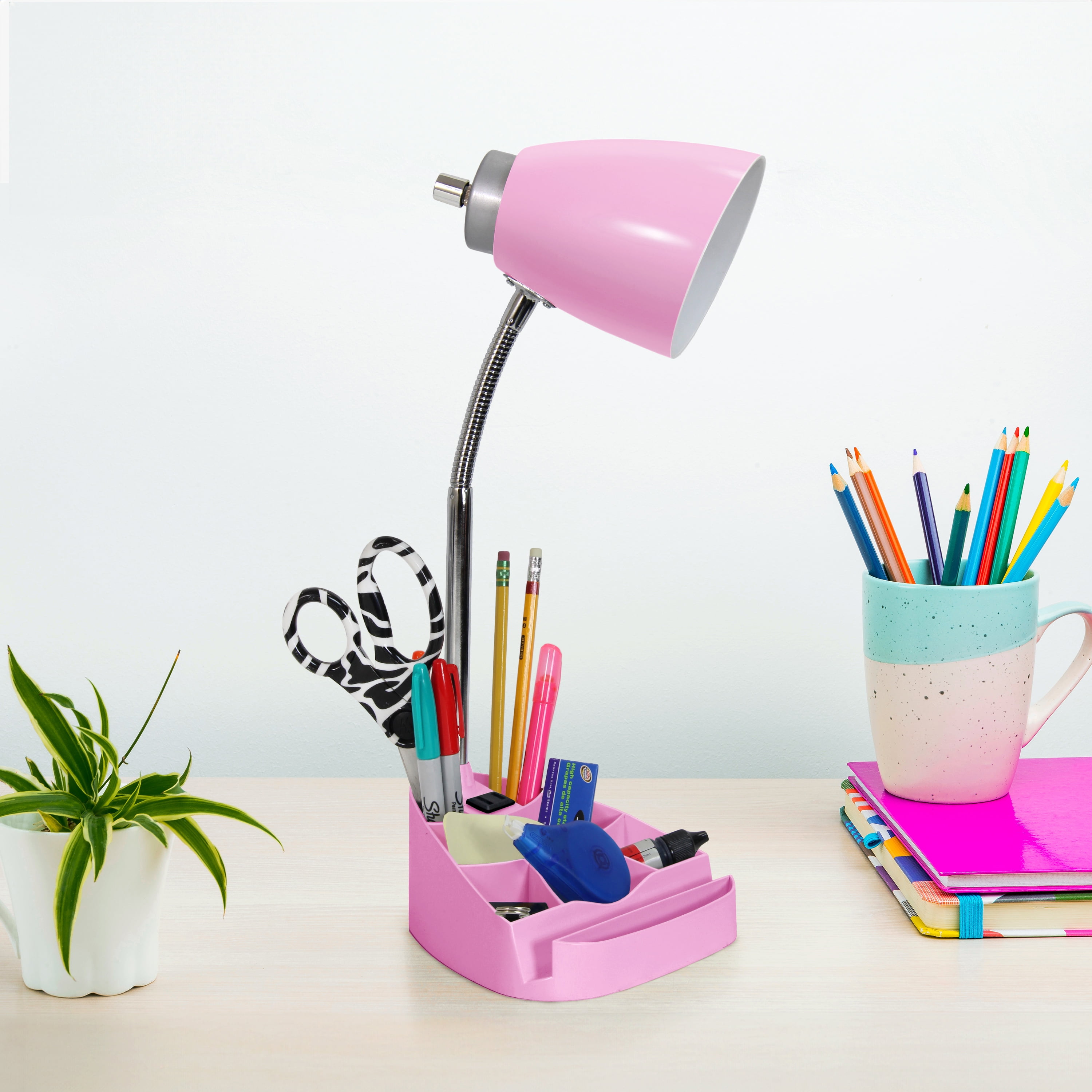 Creekwood Home 18.5" Flexible Coordinating Desk Lamp with Charging Outlet & Storage, Pink
