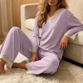 thumbnail image 5 of YYDGH Pajamas Sets for Women Two Piece Lounge Outfits Lace Trim V Neck Top Long Sleeve Tops and Wide Leg Pants Sleepwear Loungewear Nightwear Suit, 5 of 7