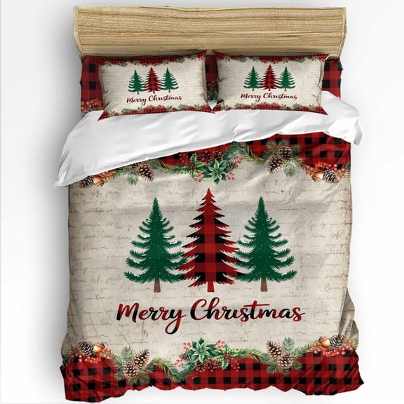 Merry Christmas Tree Twin Size Comforter Set, Red Plaid Xmas Garland Vintage Letter Soft Bedding for All Seasons, 4 Pcs Bed Set with 1 Comforter (68"x86") ,1Sheet(66"x116"), 2 Pillowcases (19"x29")