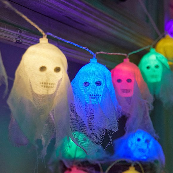 Guirnalda de luces de plástico para decoración navideña, guirnalda de luces de Halloween con forma de calavera de 3 m para exteriores con 20 LED, blanco, azul, rojo, verde, amarillo y morado, funciona