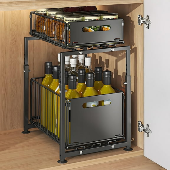 Storvive 2-Tier Carbon Steel Pull Out Cabinet Drawer, No-Drill Slide Out Organizer for Kitchen Pantry Storage