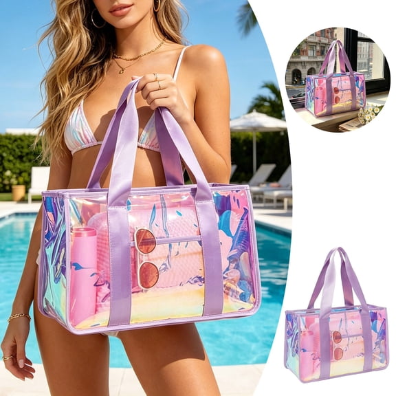 Beach Tote Bag Holographic Iridescent Gym Storage Handbag Waterproof Travel Organizer Bag For Beach Swimming Sports(Purple-48.2Cm)
