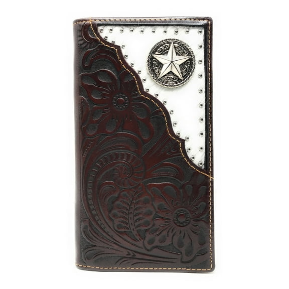Texas West Tooled Genuine Leather Cowhide Cow Fur Star Adult Men's Long Bifold Wallet in 3 Colors