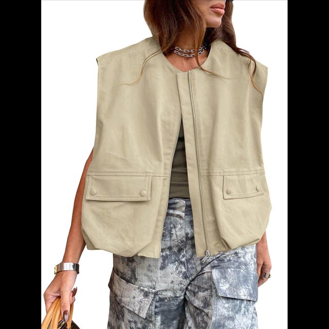 Chaleco Informal con Cremallera para Mujer, Estilo Cargo, Extragrande, con Dobladillo Fruncido, Sin Mangas, Chaquetas y Tops. Caqui L