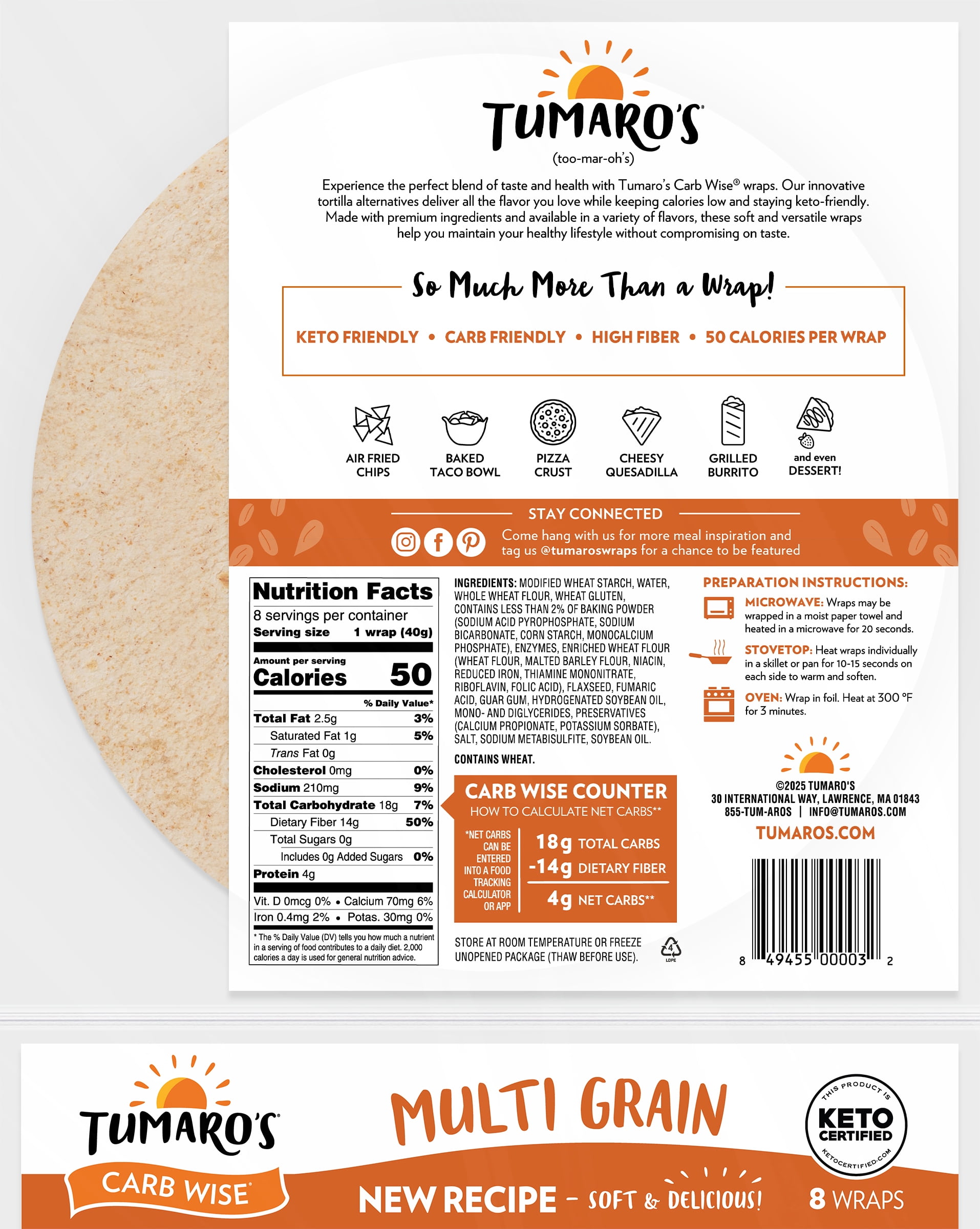 Tumaro's Multi Grain Carb Wise Wraps, 4 Net Carbs, Keto Certified 6 pack, 48 count