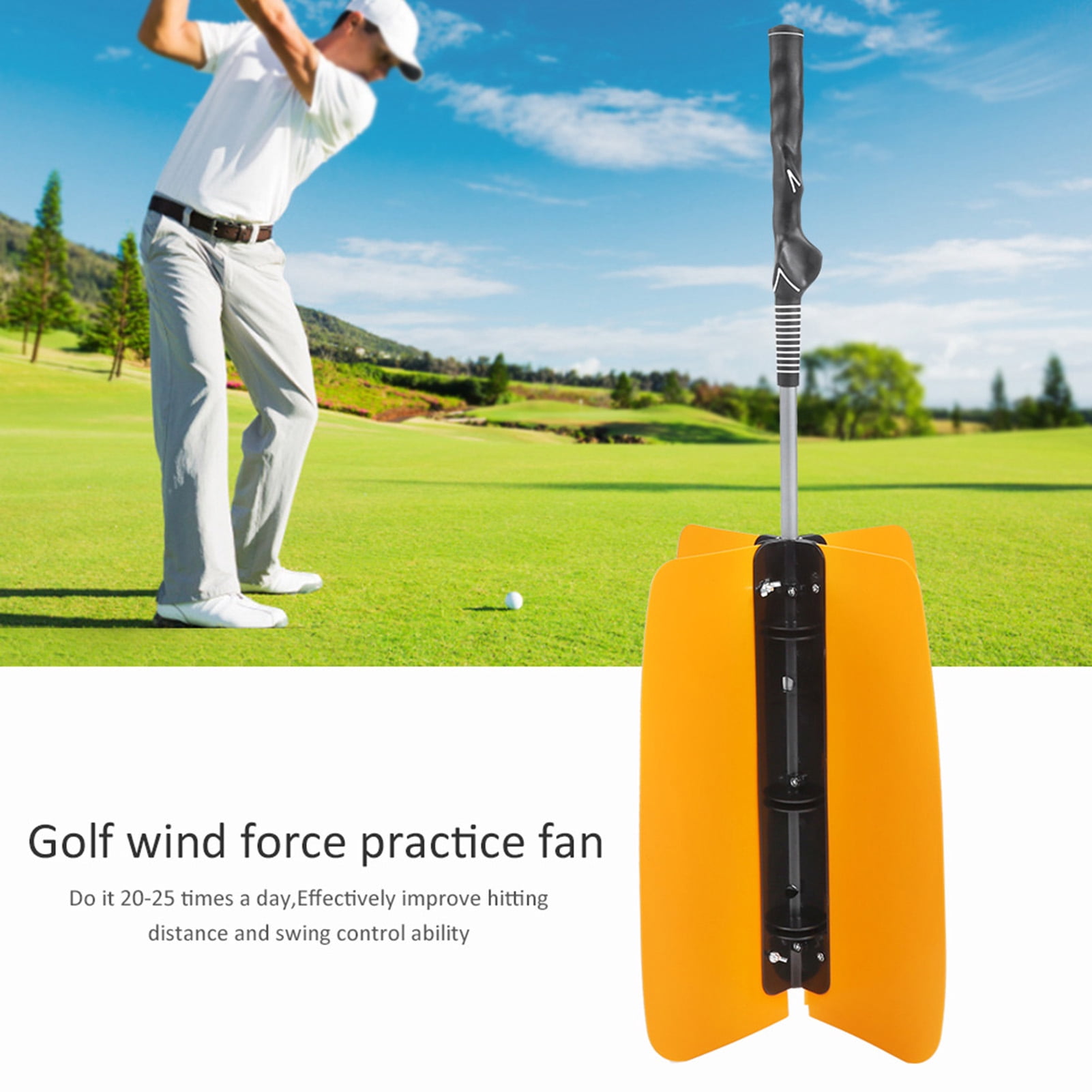 YAHHU ABS Humanized Non-Slip Grip Golf Propeller Fan Trainer Swing Wind Power Training Tool Practice Supplies, Yellow, 30.31 inches / 77 cm