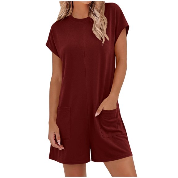 Womens Summer Casual Solid Color Romper Short Sleeve Crewneck Shorts Overalls Jumpsuit with Pockets Outfits Back Zipped Wine