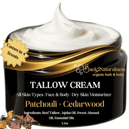 Back2Naturalness Patchouli + Cedarwood Beef Tallow Moisturizer Balm for Ultra Dry, Chapped & Cracked Skin Relief (3.5 oz) Creamy Formula with Jojoba & Sweet Almond Oil