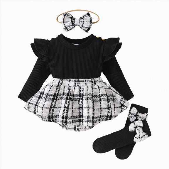 Xyant Baby Girl Fall Winter Clothes Long Sleeve Romper Dress   Socks   Headband Newborn Infant Outfits Set Cute Casual Girls Baby Clothes (Black,6-12 Months)