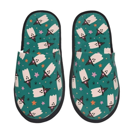 Balery Halloween Ghosts Slient Indoor Furry Fleece Comfort House Shoes Soft Non-Slip Home Shoes Cotton slippers House Slippers-- Large