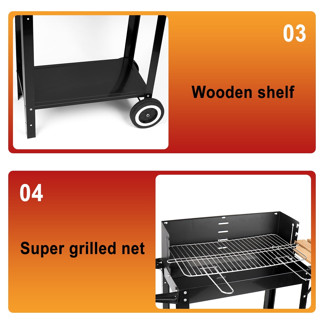 Linsen-outdoors Stainless Steel Charcoal Grill with Wheels - Heavy-Duty Roller Cart & Handles for Easy Moving, Portable Outdoor BBQ Grill Perfect for Backyard and Patio