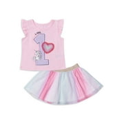Miniville Baby Girls Birthday Graphic T-shirt & Tutu Skirt, 2-Piece Outfit Set (12M-18M)