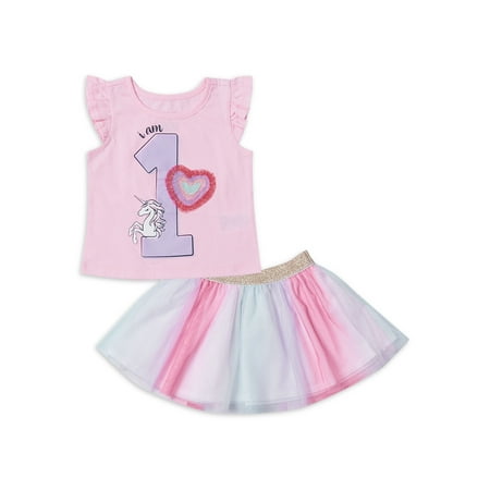 Miniville Baby Girls Birthday Graphic T-shirt & Tutu Skirt, 2-Piece Outfit Set (12M-18M)
