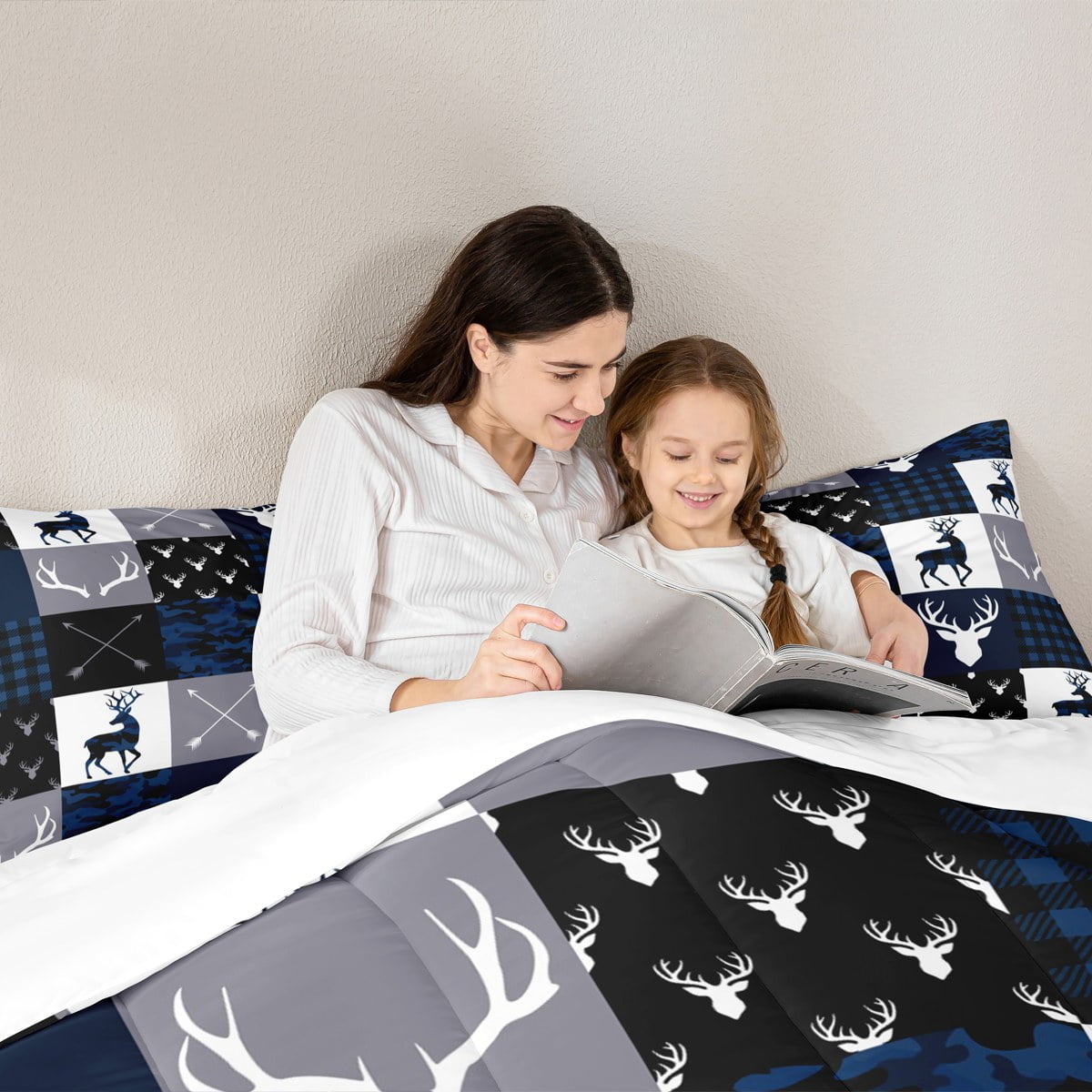 Camo Deer Antlers Comforter Set Toddler,Geometric Plaid Patchwork Bedding Set for Kids Teens Girls Boys Room Decor,Boho Arrow Xmas Quilt Set,Blue Grey Duvet Insert