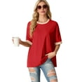 thumbnail image 3 of JWD Women's Top Short Sleeved T-Shirt Round Neck Casual Blouses Patchwork Split Hem Tee Top Orange red L, 3 of 8