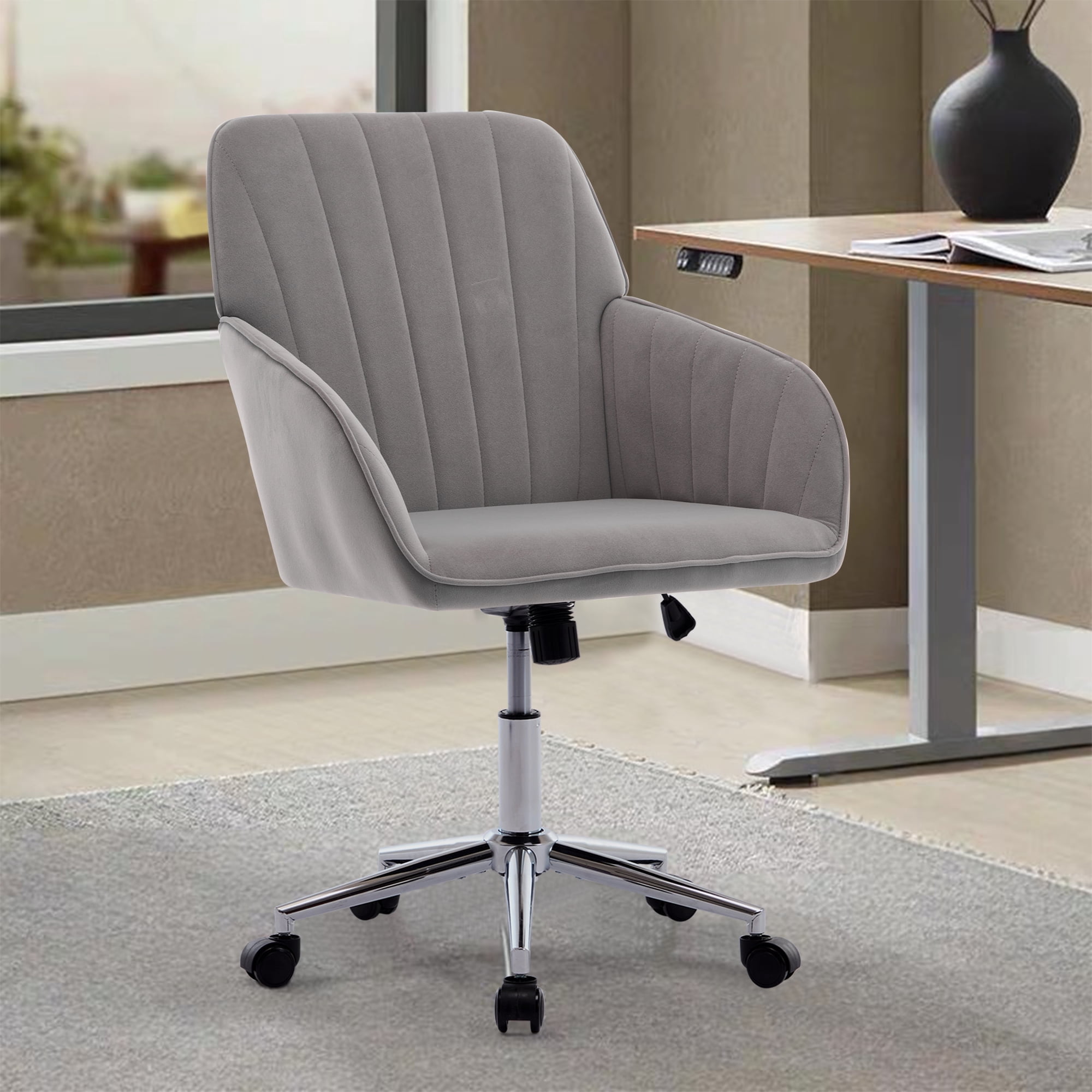 Ergonomic Office Chair with Adjustable Height，Velvet Swivel Desk Chair with Lumbar Support and Memory Foam Seat，Gray Home Office Chair for Long Sitting Comfort