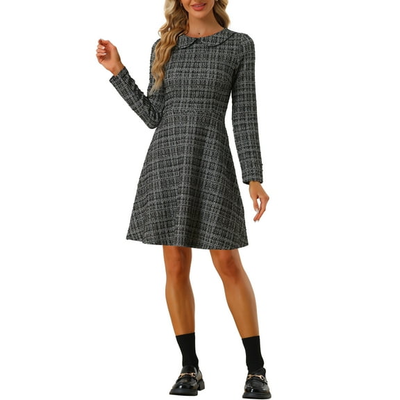 INSPIRE CHIC Women's Plaid Grid Peter Pan Collar Long Sleeve A-line Vintage Tweed Dress XS Black