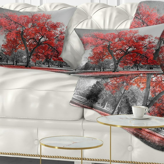 Designart Big Red Tree on Foggy Day - Landscape Printed Throw Pillow - 12x20