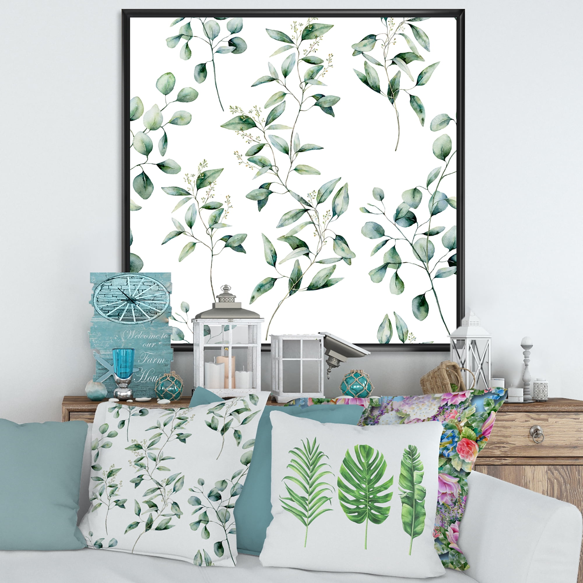 Designart 'Green Eucalyptus Plant Branches IV' Traditional Framed Canvas Wall Art Print