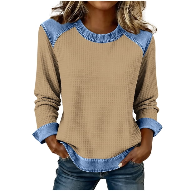 Camisetas de Manga Larga para las Mujeres Loose Fit Color Sólido Blusa de Cuello Redondo Top Suave Casual