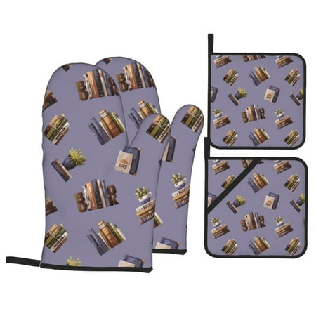 

Oven Mitts and Pot Holders 4 Piece books lover plants reading print High Heat Slip Resistant Oven Mitt and Trivets Set Kitchen Oven Glove Pot Holders for Cooking Baking Grilling
