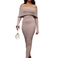 thumbnail image 2 of Women'S Fall Off Shoulder Bodycon Sweater Dress Formal Long Sleeve Elegant Club Party Midi Maxi Dresses Khaki L, 2 of 6