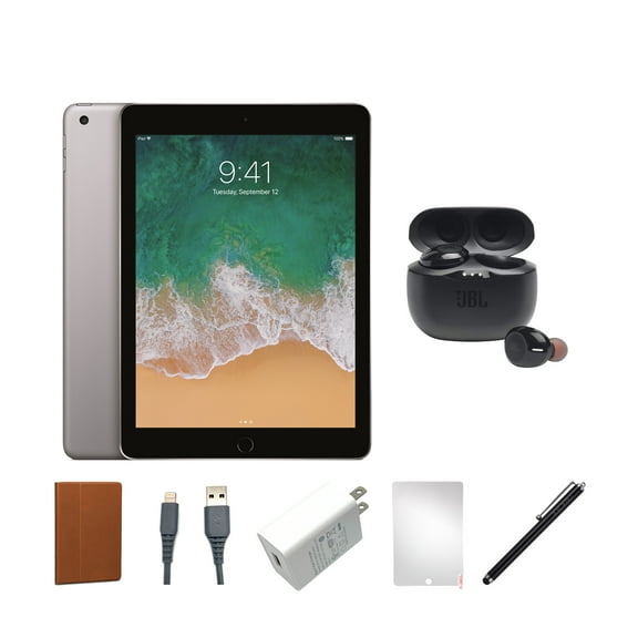 Restored Apple iPad 6 (2018) Bundle, 32GB, Space Gray, Wi-Fi, JBL Wireless In-Ear Buds, Case, Tempered Glass, Stylus Pen, Charging Accessories (Refurbished)