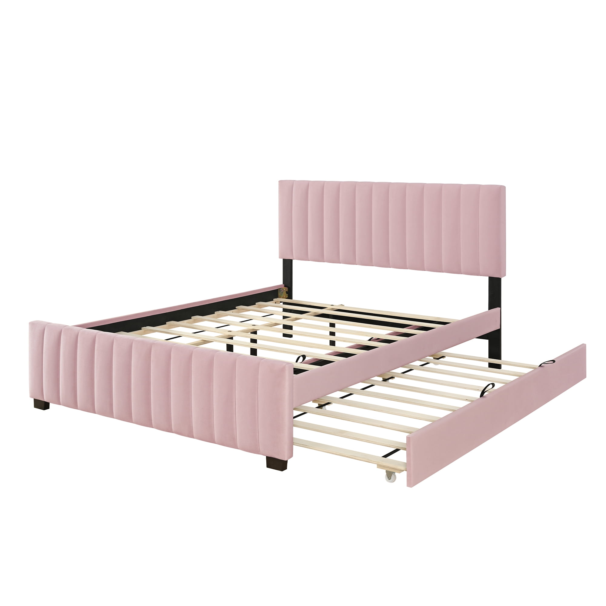 Mintazer Queen Size Velvet Upholstered Platform Bed with Headboard & Twin XL Trundle for Bedroom, Pink