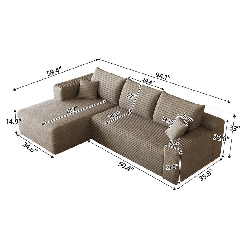 94" Modular Sectional Sofa, Modern Corduroy Cloud Couch with Side Pockets, Boneless Couch Upholstered 3-Seater L-Shaped Sofa for Living Room, Left Facing Chaise