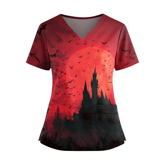 Womens Scrub Tops Halloween Funny Short Sleeve Horror Castle Bat Printed Scrub Shirts Spooky V Neck Scrubs Medical Nurse Uniform Nursing Workwear with Pockets, M