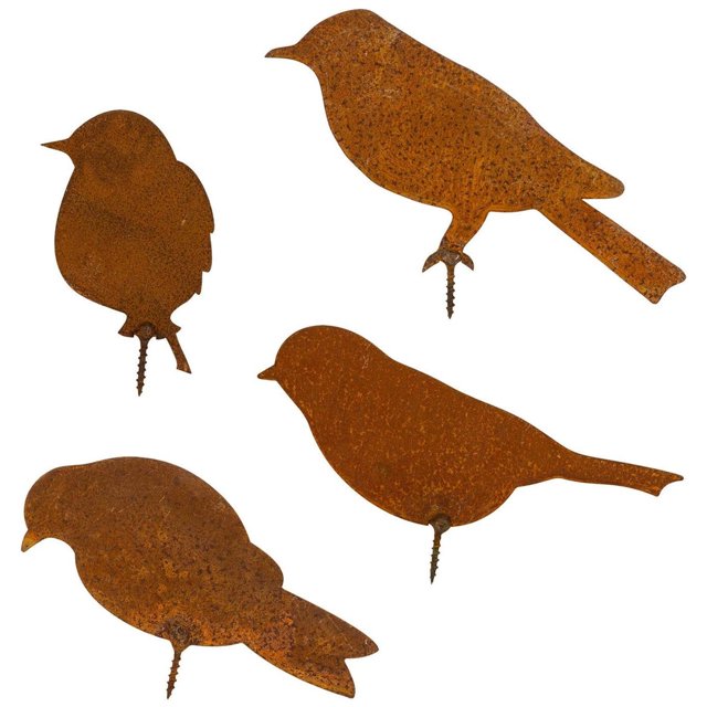 4 x Estacas para pájaros con pátina de metal para decoración de jardín, juego de pájaros con aspecto oxidado