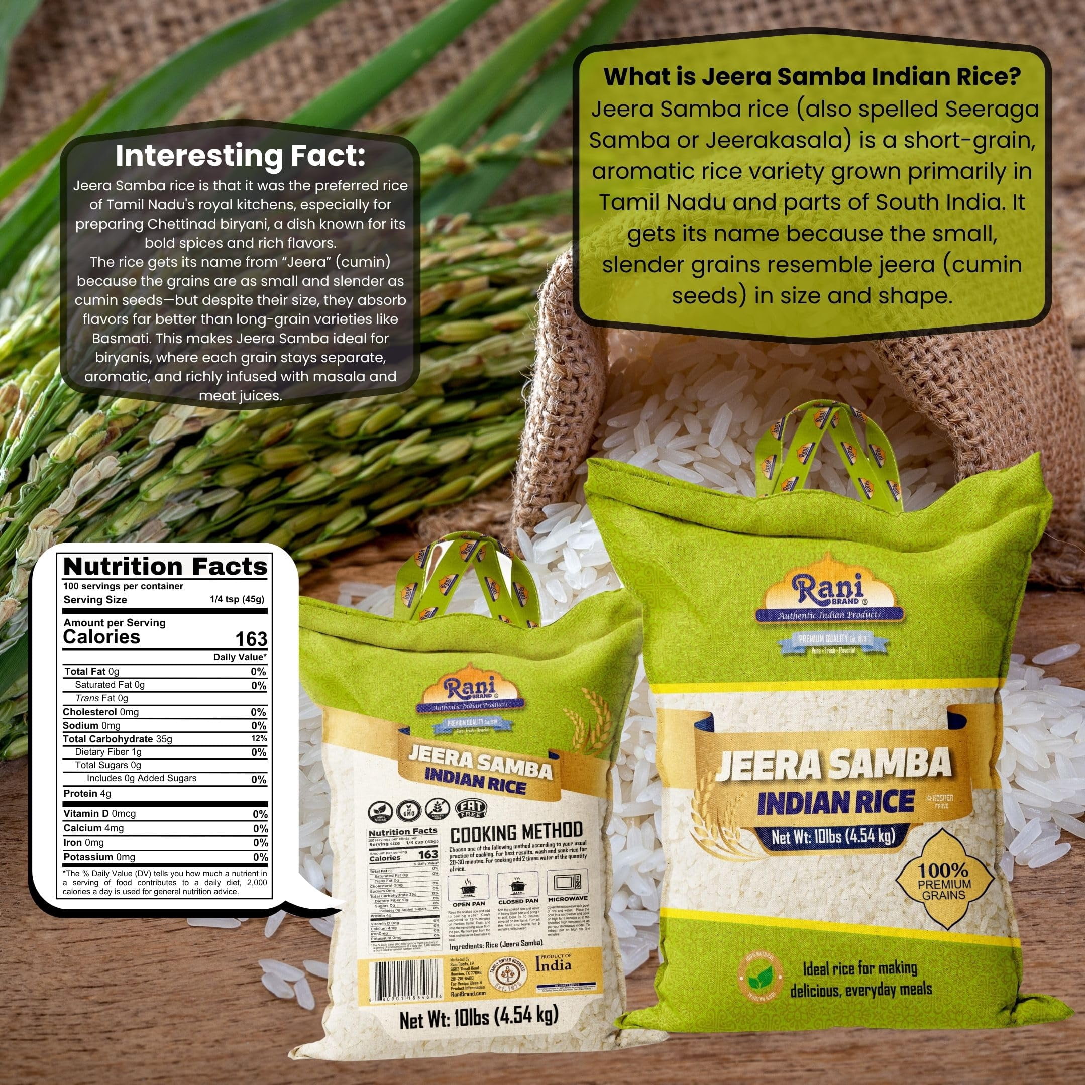 Rani Jeera Samba Indian Rice 160oz (10lbs) 4.54kg Cloth Bag ~ All Natural | Gluten Friendly | Vegan | Kosher | Export Quality | Indian Origin