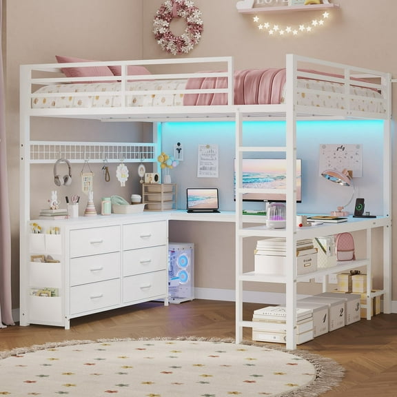 Afuhokles Loft Bed Full Size with U-Shaped Desk, 6 Storage Drawers, Power Outlet, LED Metal Loft Bed with 2 Storage Shelves, White