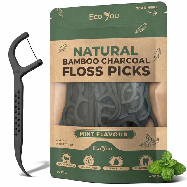 Hilo dental con palillos EcoYou de bambú y carbón activado, menta, 50 unidades