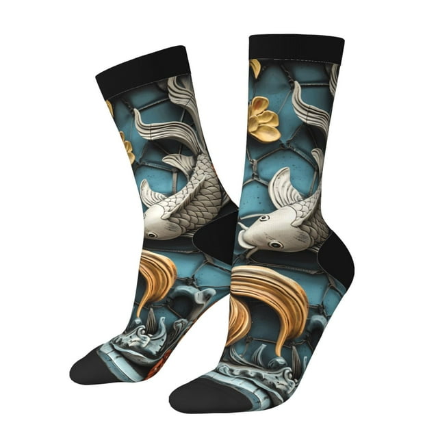 Wukai Colorful Koi Fish Art Print Contrast Color Mid-tube Socks, 3D Printing Design Adult Socks, High Elastic Breathable Sports Socks, Suitable for Daily,Unisex