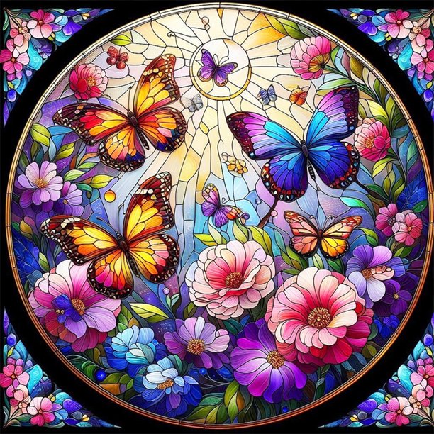 Pintura de diamante 5D DIY Wdftyju taladro redondo completo vitral mariposa flor 30x30cm