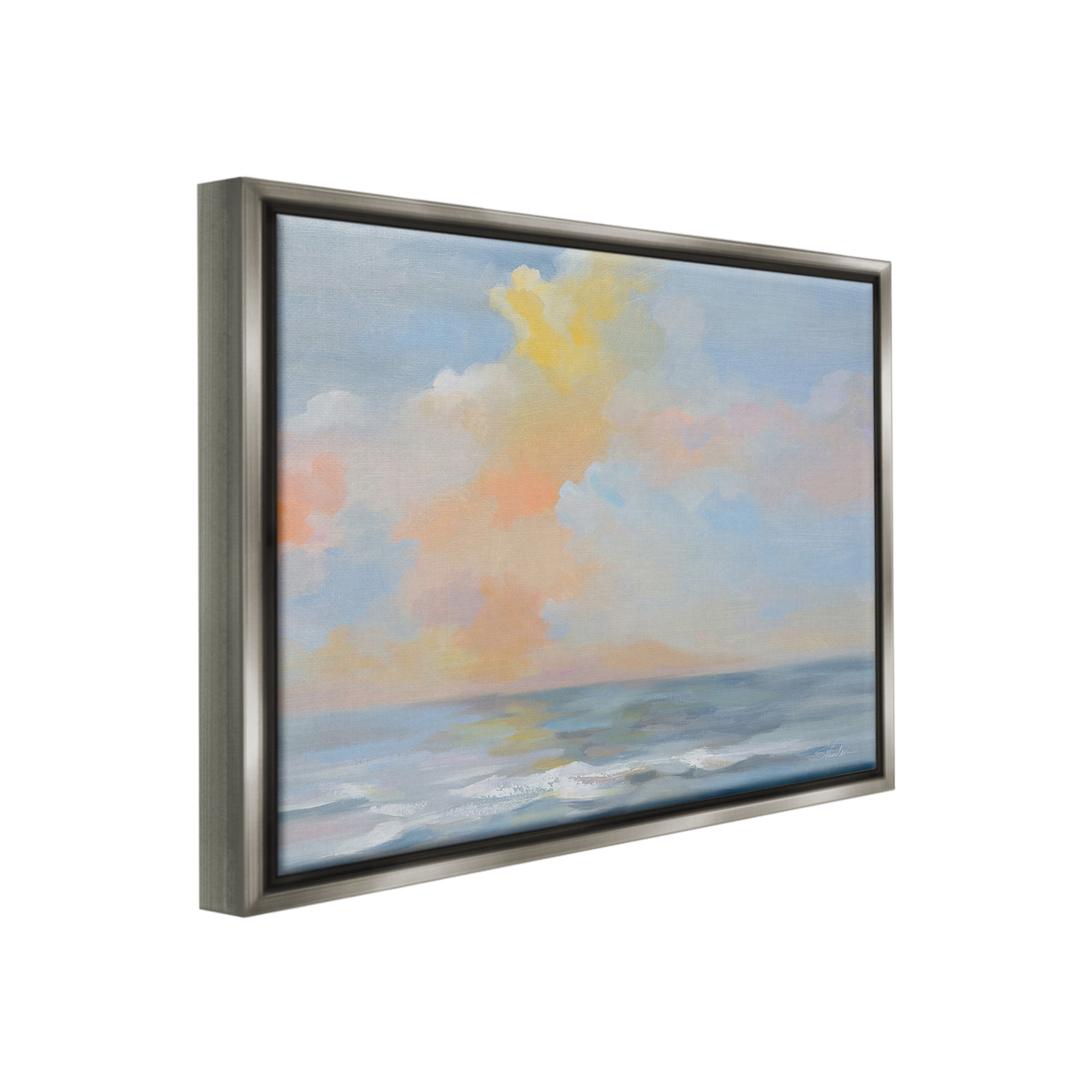 Stupell Industries Sea & Pastel Clouds Landscape Painting Gray Floater Framed Canvas Art Print Wall Art, 21 x 17