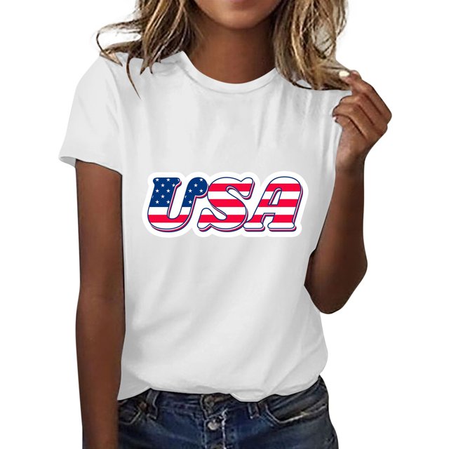 YDLCAFD T-Shirt Jour de l'Indépendance T-Shirts Graphiques pour Femmes Haut Col Rond Manches Courtes Imprimé USA