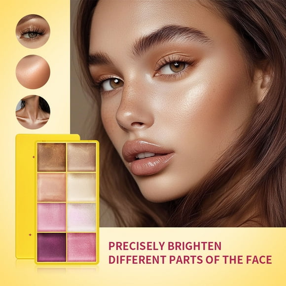 QIPOPIQ Highlighter Curve Comet Case, 8 Colors Cream Highlighter Shimmer Glow Silver Gold Blossom Glowy Finish Makeup Palette