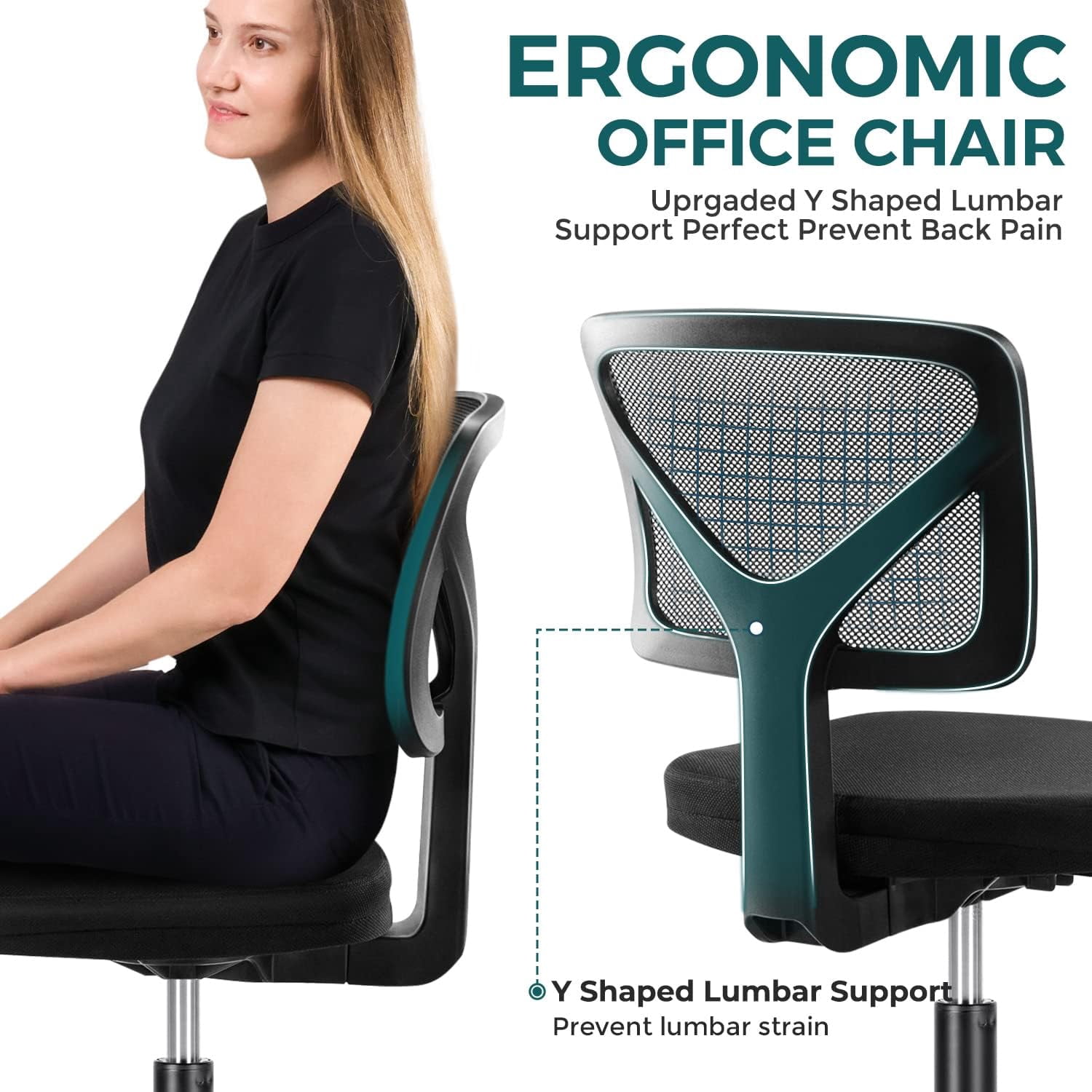Armless Mesh Office Chair, Ergonomic Low-Back Swivel Desk Chair with Wheels and Lumbar Support, Height Adjustable, Black