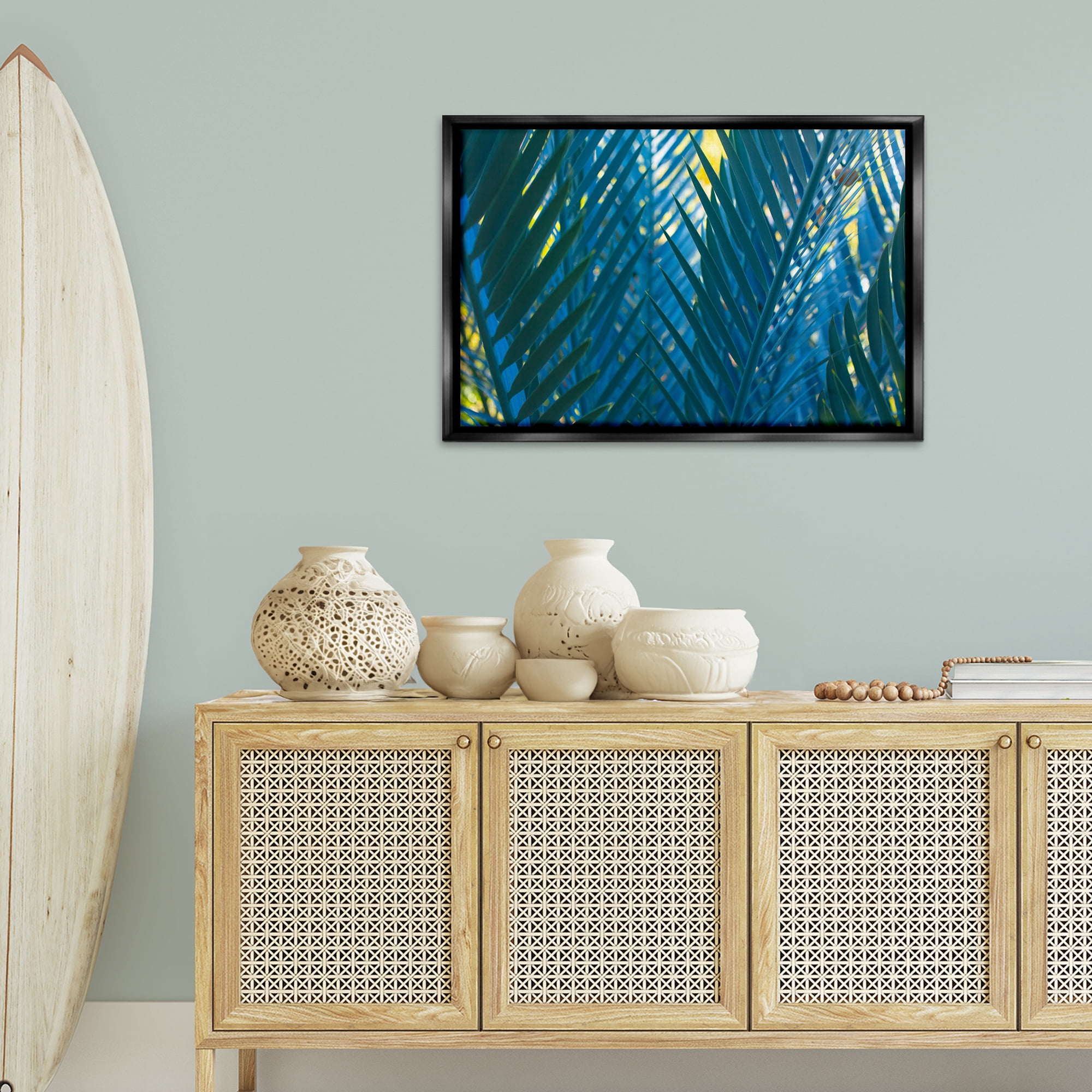 Stupell Industries Blue Palm Fronds Plants & Flowers Photography Black Floater Framed Canvas Art Print Wall Art, 31 x 21