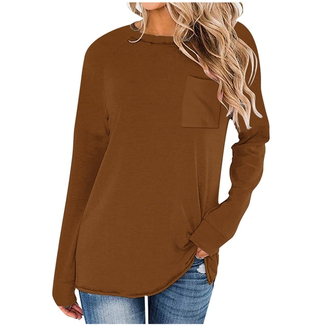 Yuyuzo Womens Tops Long Sleeve Tops Crew Neck Pullover Trendy Blouses with Pockets Solid Color