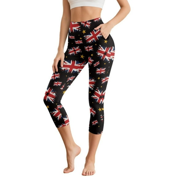 SCRAWLGOD Union Jack Star Women's Soft Capri Leggings with Pockets High Waist Tummy Control Crop 3/4 Leggings Slim Breathable Elastic Athletic Cropped Tights, XS