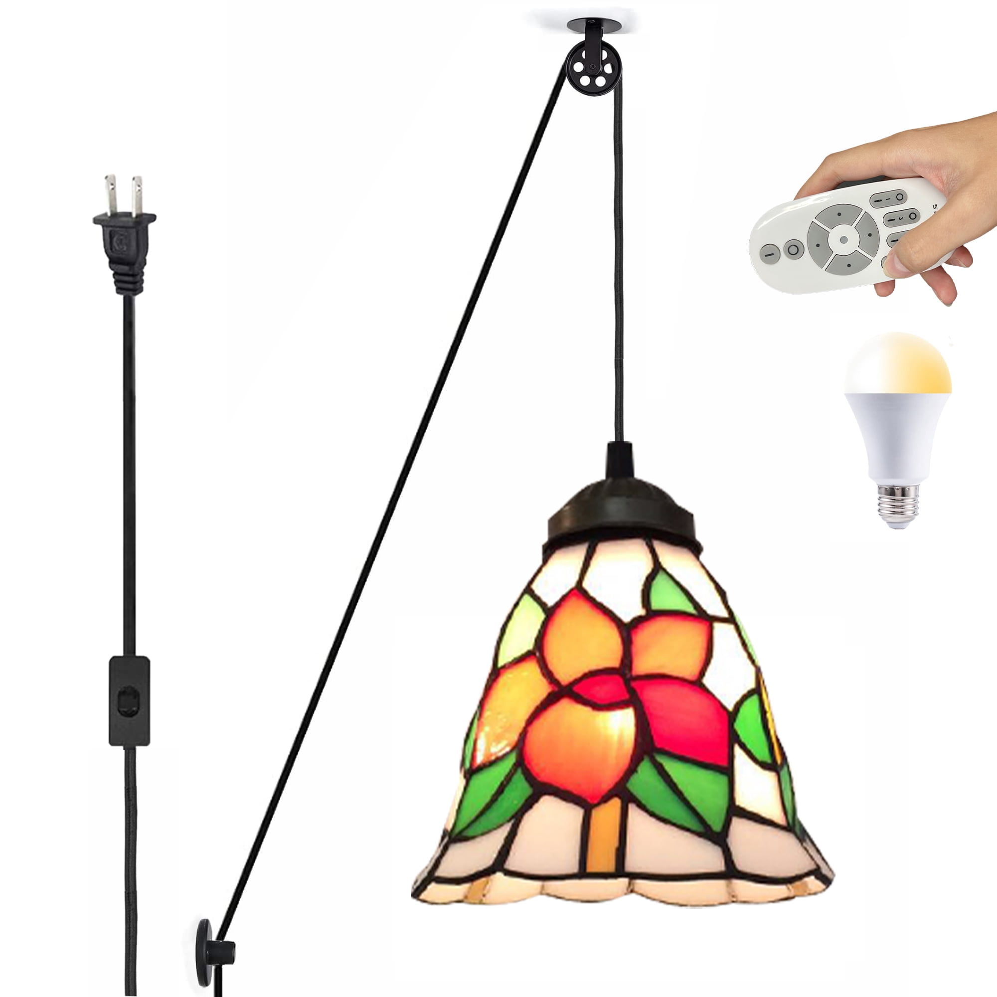 Kiven Plug in Iron Pendant Light, Tiffany Pulley Hanging Light with