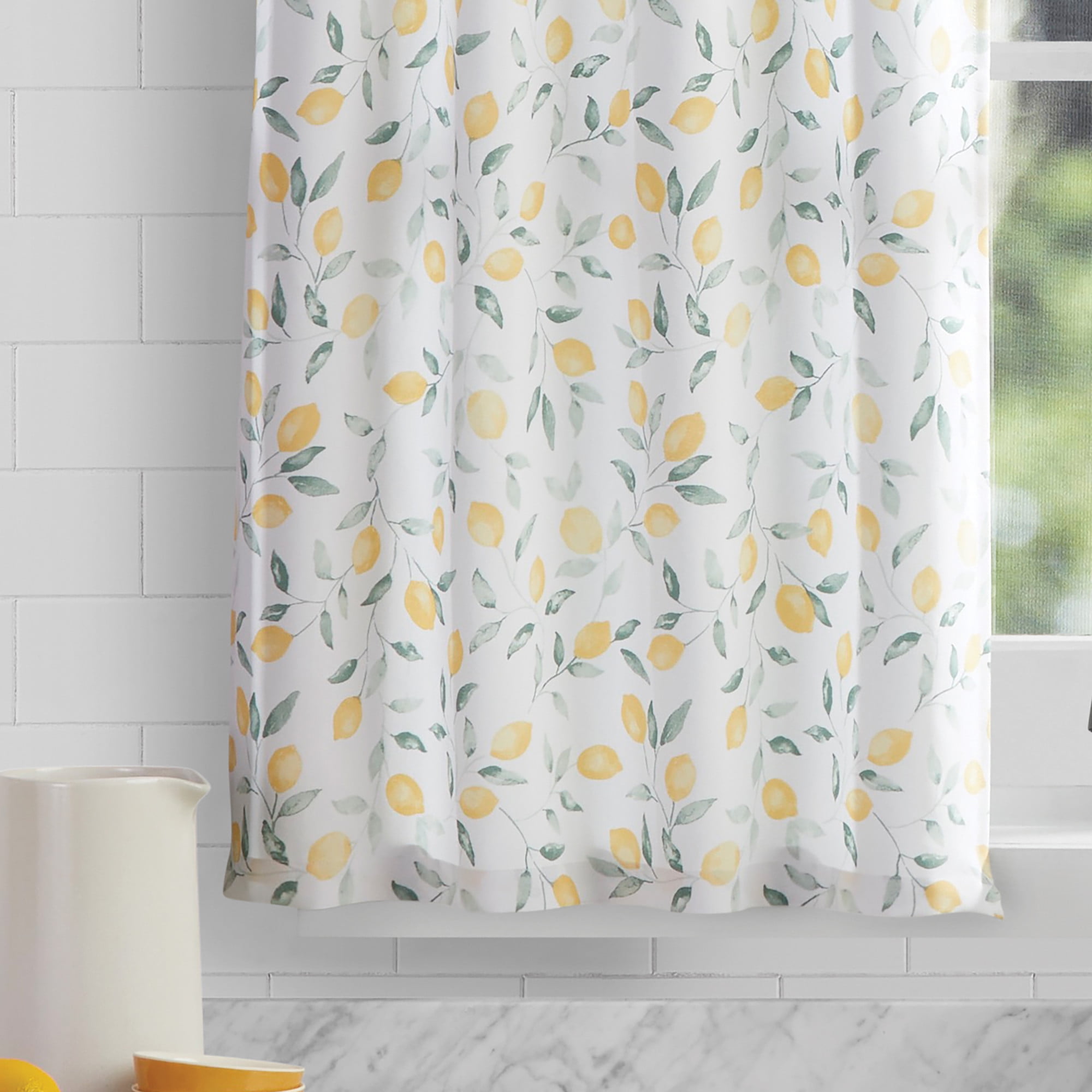 Mainstays 3 Piece Printed Tiers and Valance Set - Lemons and Leaves Yellow, Recycled Polyester, BCI Cotton, 56"W x 14"L, Indoor Curtain, Adult