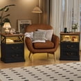 thumbnail image 3 of Hiphuta Farmhouse Set of 2 Nightstands with Charge Station, Wood End Table with 3 Drawers for Adult Bedroom, LEDS Bedside Table for Living Room, Black, 3 of 7