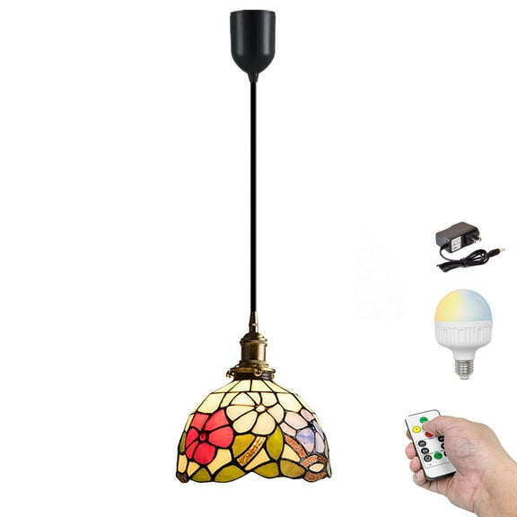 Kiven Battery Operated Pendant Light with Remote, Rechargeable Hanging Pendant Light Adjustable Height with Antiqued Glass Lampshade for Bedroom Kitchen Home Decor(1-Light)