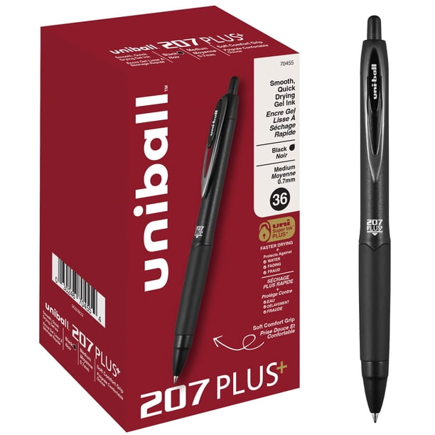 Bolígrafo de gel uni-ball 207PLUS+ retráctil de 0,7 mm, tinta negra, paquete de 36
