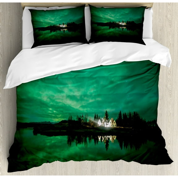 Aurora Borealis Duvet Cover Set King Size, Gloomy House by the Lake with Aurora Borealis Night Sky Print, Decorative 3 Piece Bedding Set with 2 Pillow Shams, Sea Green Forest Green, by Ambesonne