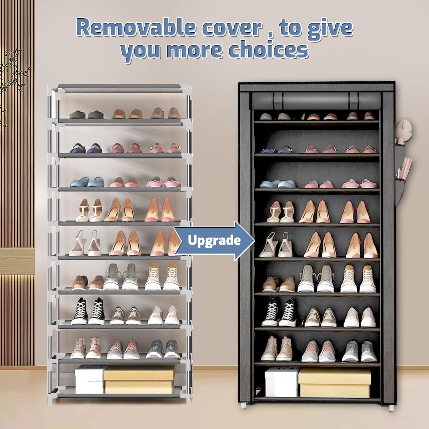 10 Tier Shoe Rack with Covers, Large Capacity Stackable Tall Shoe Organizer Storage, Sturdy Metal Free Standing Shoe Shelf for Closet Entryway Garage